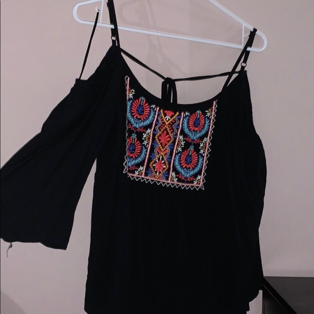 women’s black peasant blouse with shoulder cutouts